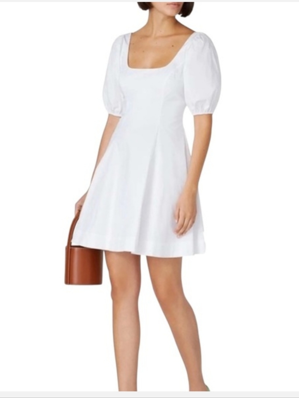 Staud Laelia Poplin White Square Neck Puff Sleeve Mini Dress
